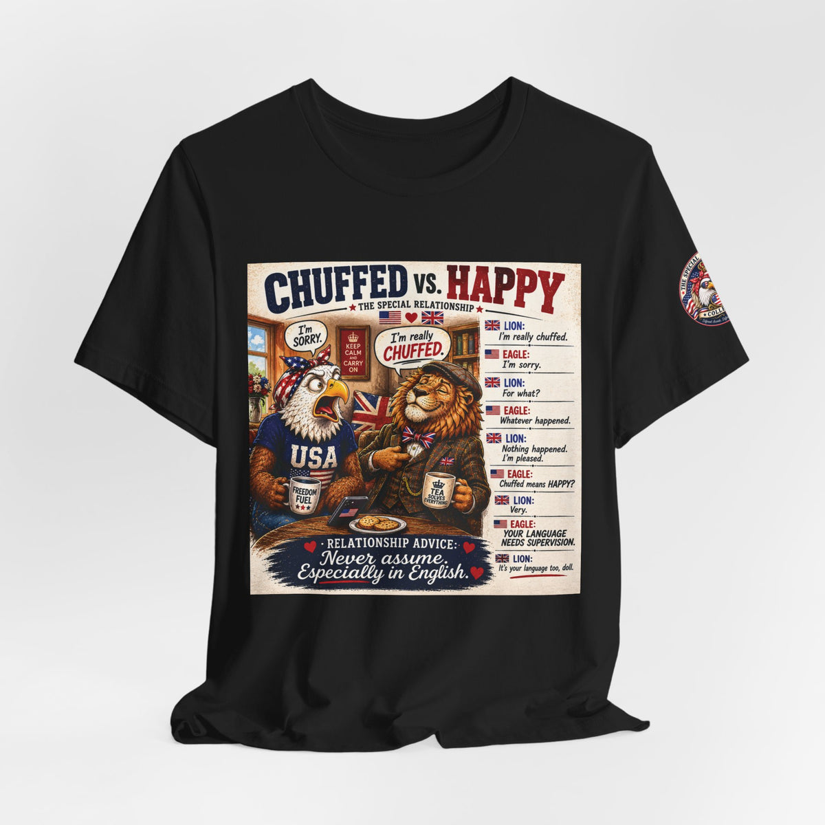 Chuffed vs. Happy — British & American Banter Eagle & Lion Tee