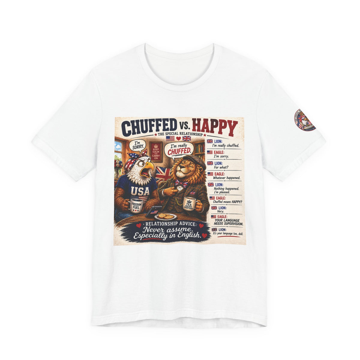 Chuffed vs. Happy — British & American Banter Eagle & Lion Tee