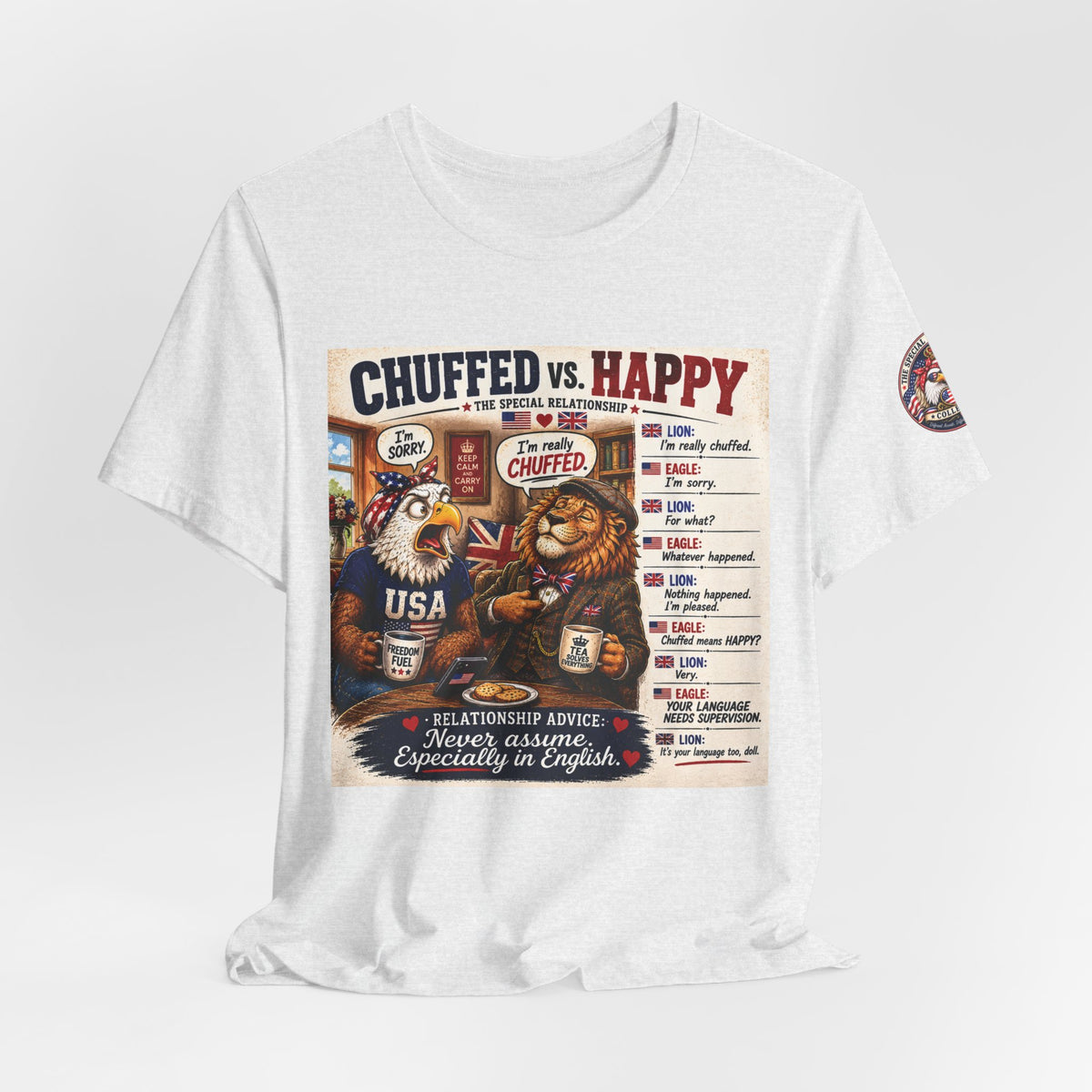 Chuffed vs. Happy — British & American Banter Eagle & Lion Tee