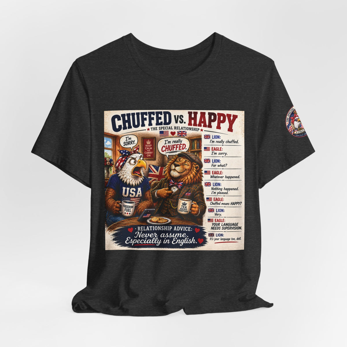 Chuffed vs. Happy — British & American Banter Eagle & Lion Tee