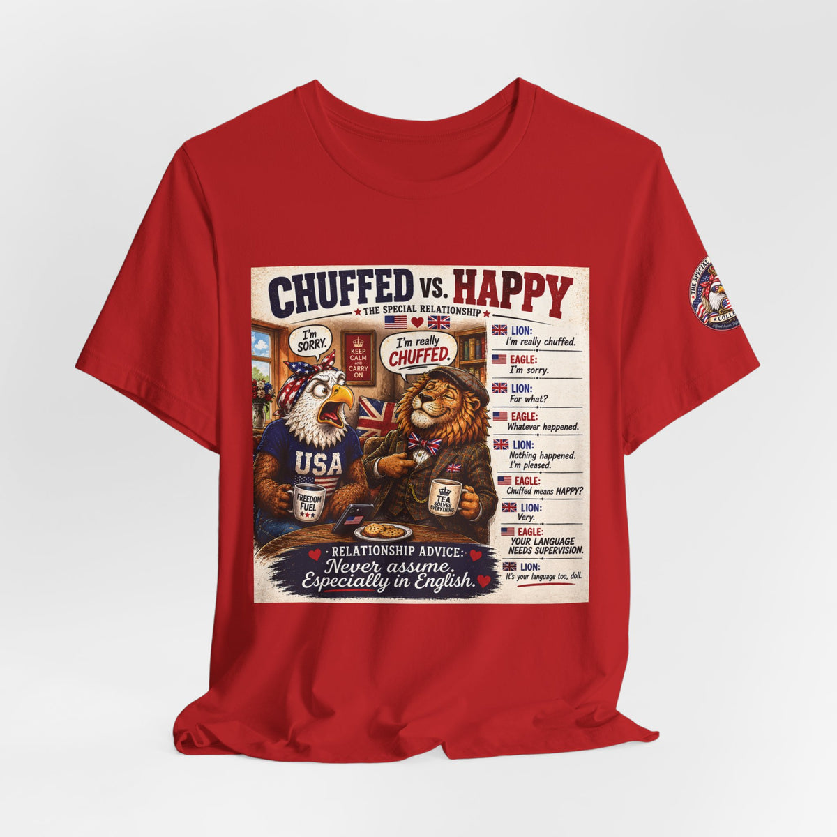 Chuffed vs. Happy — British & American Banter Eagle & Lion Tee