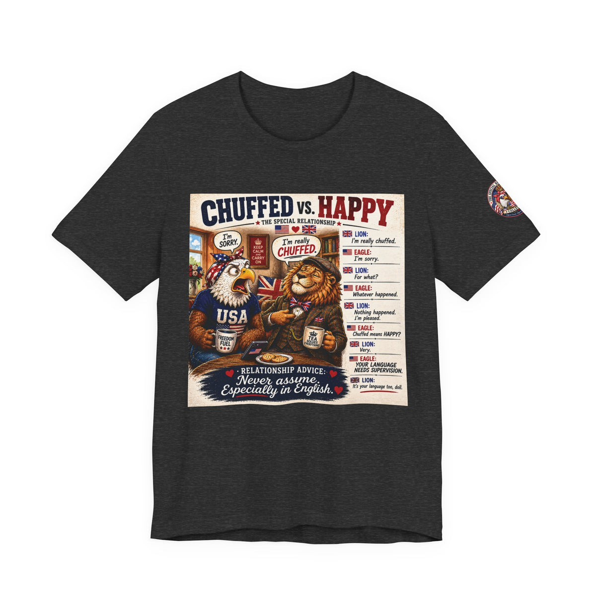 Chuffed vs. Happy — British & American Banter Eagle & Lion Tee