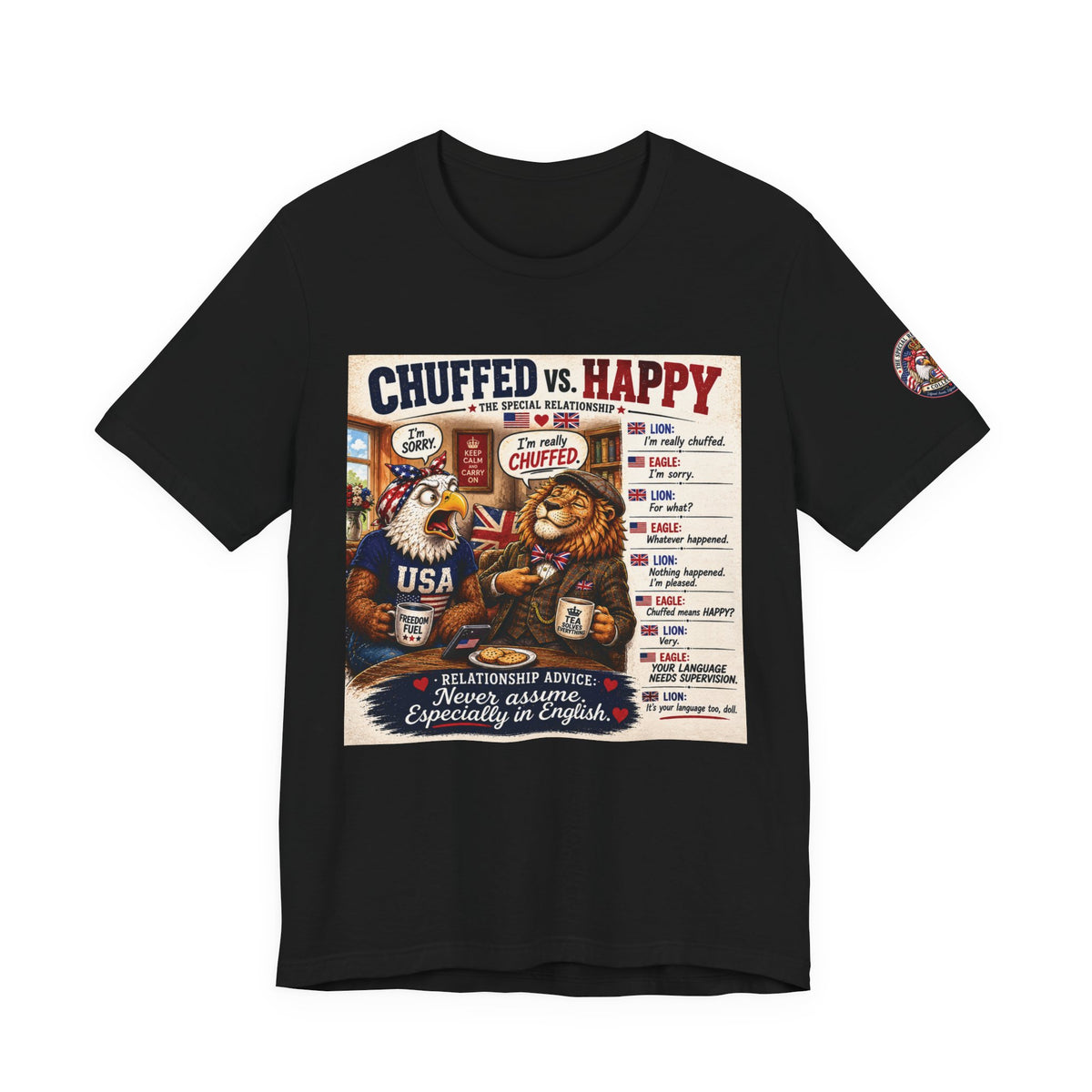 Chuffed vs. Happy — British & American Banter Eagle & Lion Tee