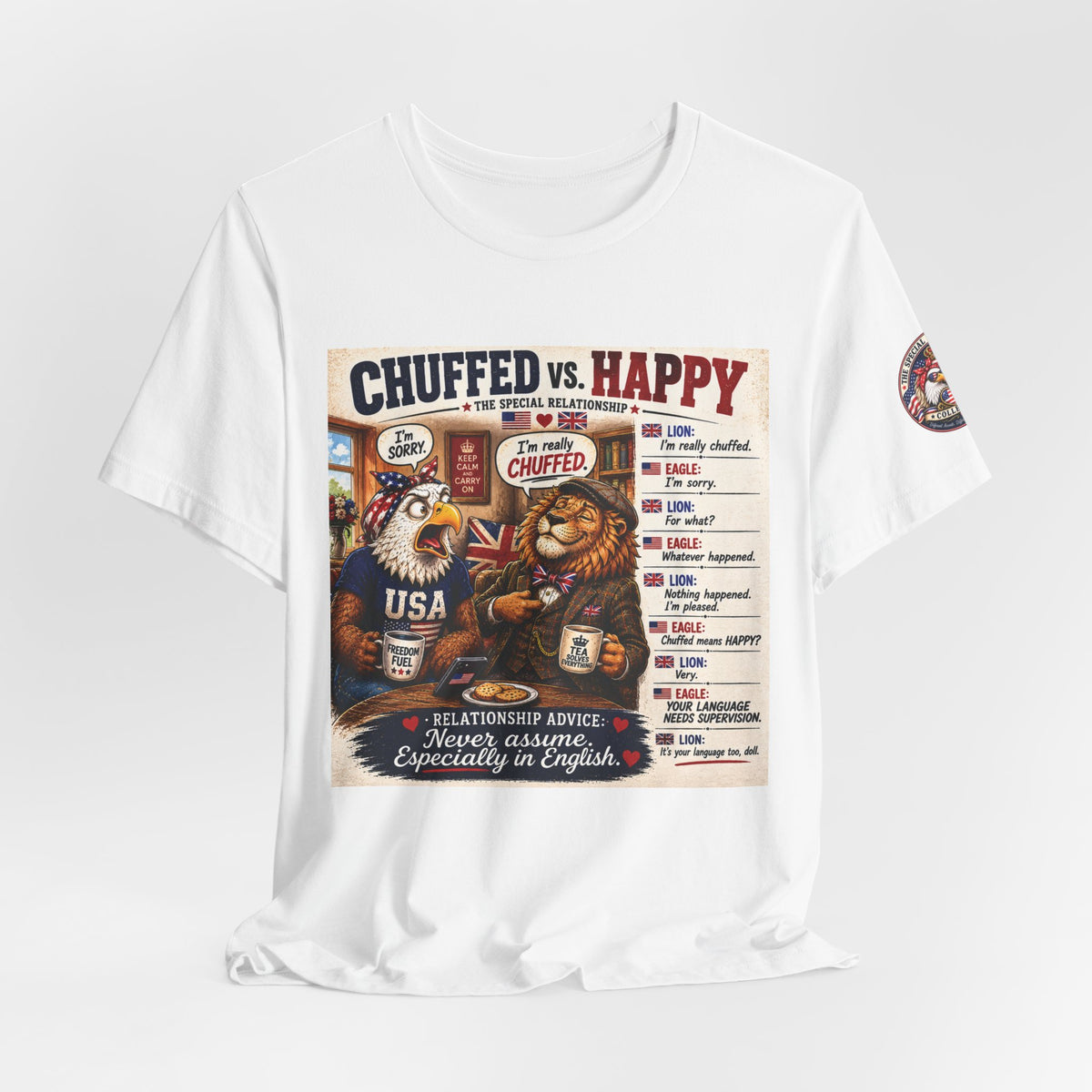 Chuffed vs. Happy — British & American Banter Eagle & Lion Tee