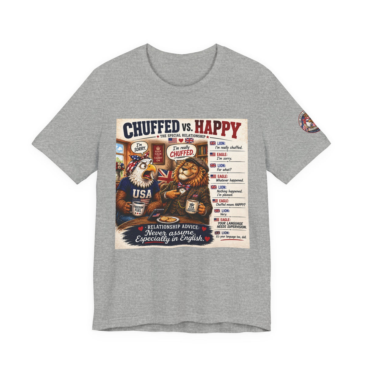 Chuffed vs. Happy — British & American Banter Eagle & Lion Tee